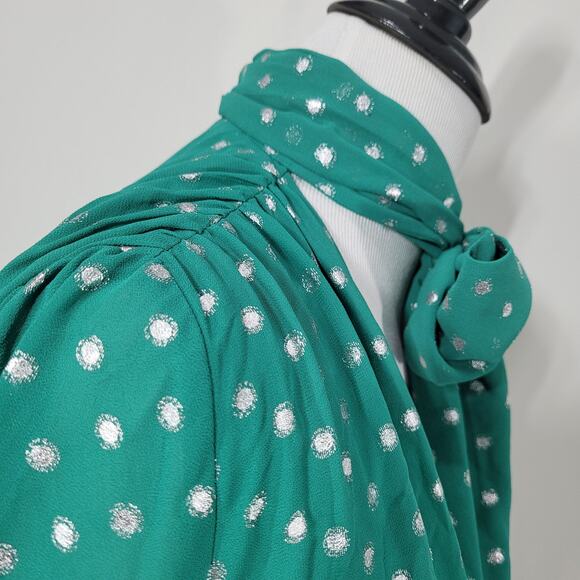 Yumi Kim Kelly Green Neck Tie Mini Dress Silver Polka Dots and Belt Size Small - Picture 4 of 8